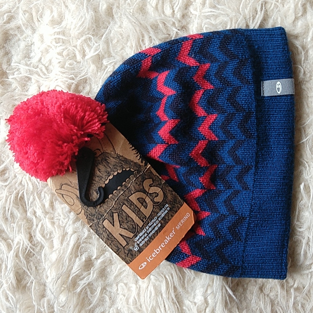 Icebreaker Merino Wool Kids Seeker Beanie Winter Hat Blue & Red Children's M